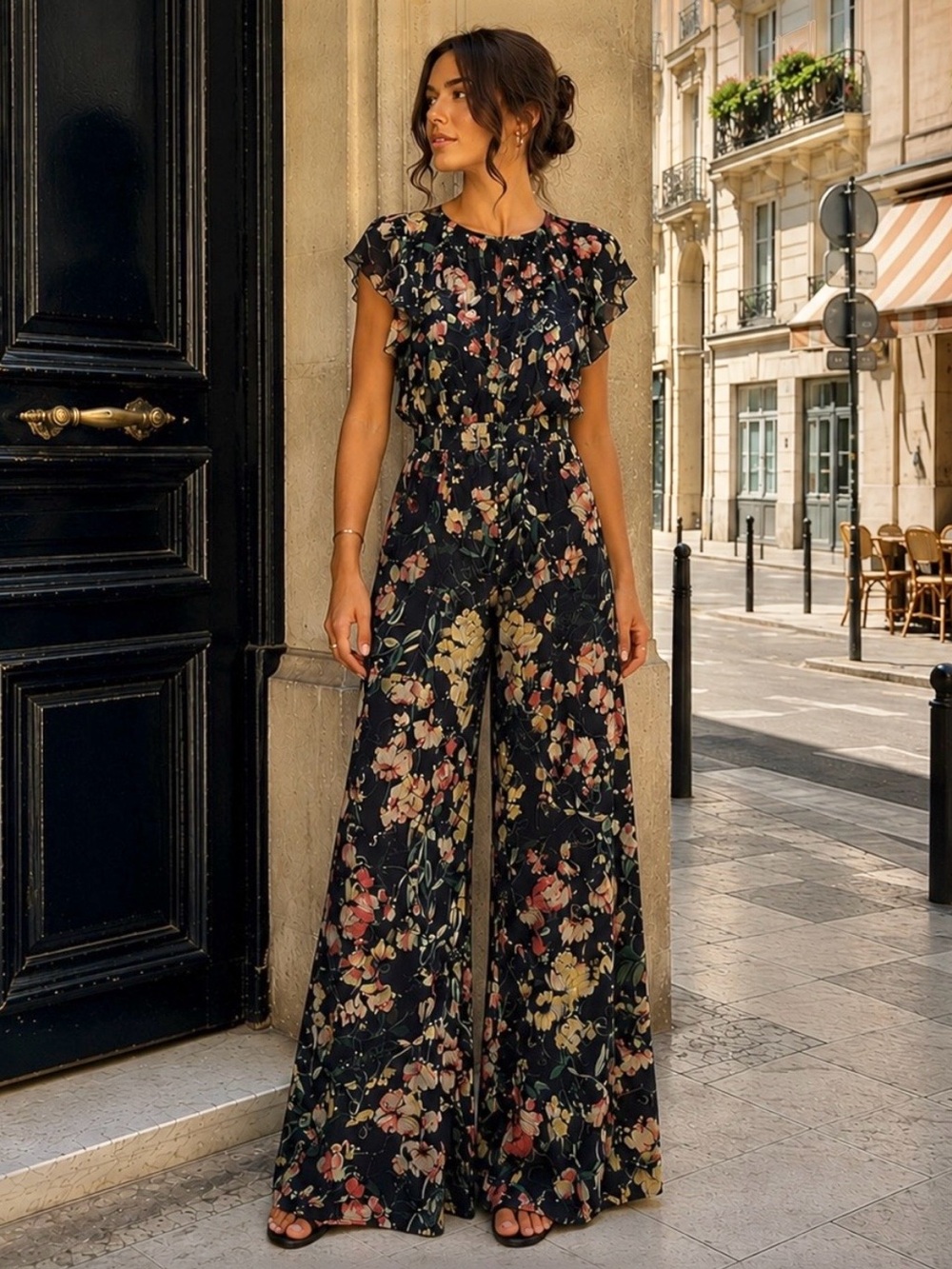 Tommy Hilfiger Floral Wide Leg Jumpsuit Chiffon Flutter Sleeve Romantic Preppy